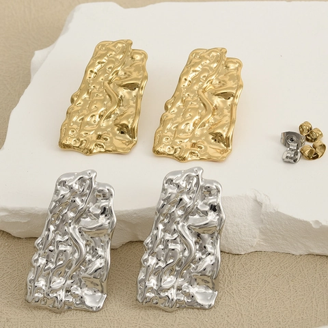 Unregelmäßige Lava Textur Ohrstecker Edelstahl Gehämmert 18K Vergoldet Mode Schmuck Für Frauen