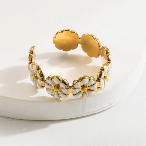 Daisy Flower Open Ring Stainless Steel Enamel Adjustable Non-fading Vintage Pastoral Sweet Jewelry For Women