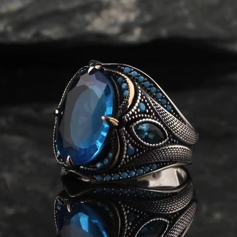 Men Ring Vintage Retro Punk Ethnic Style Blue Oval Synthetic Sapphire Alloy With Antique Silver Finish Engraved Pattern