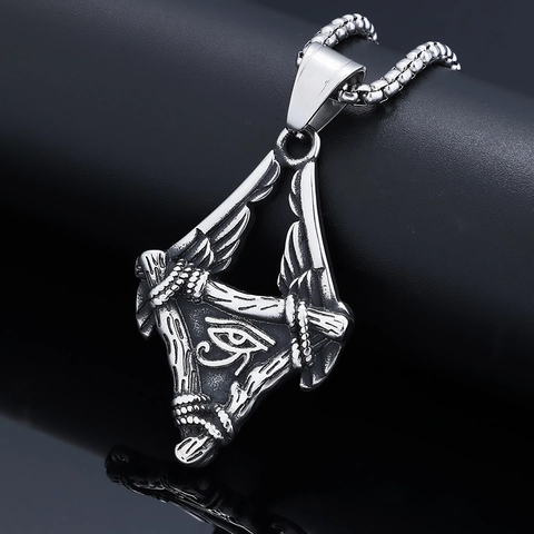 Eye Of Horus Stainless Steel Pendant Necklace Vintage Egyptian Winged Triangle Punk Gothic Religious Jewelry For Men