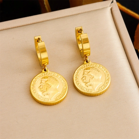 Vintage Coin Pendant Hoop Earrings Gold Plated Stainless Steel Abstract Portrait Retro Style Jewelry For Women