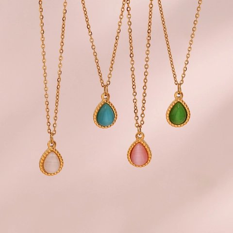 Stainless Steel Cat's Eye Stone Pendant Necklace Water Drop Shape Gold Chain For Women Simple Elegant Jewelry Gift
