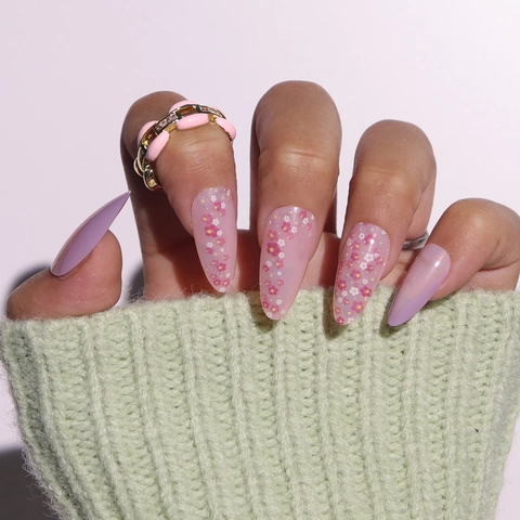 Press On Nägel Lang Mandel Lila Rosa Farbverlauf Blumenmuster Süßer Stil Künstliche Falsche Nägel Für Frauen