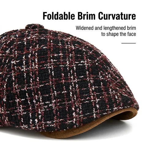 Berretto Newsboy Retrò Britannico Tweed A Quadri Cappello Ivy Per Uomo Donna Autunno Inverno Caldo Vintage Regolabile