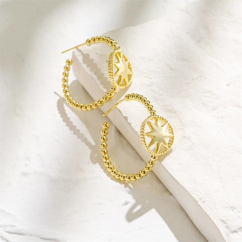Geometrische C-Vormige Creolen Koper 14K Verguld Met 925 Sterling Zilveren Oorbelpost Kralen Ster Niche Design