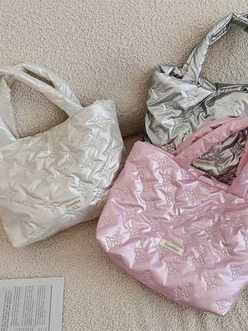 Gesteppte Puffer Tote Tasche Metallic Herz Schmetterling Muster Glänzendes PU Lässige Street Handtasche Für Damen