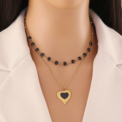 Layered Pendant Necklace Stainless Steel With Black Beaded Chain Heart Cactus Sun Moon Charms For Women