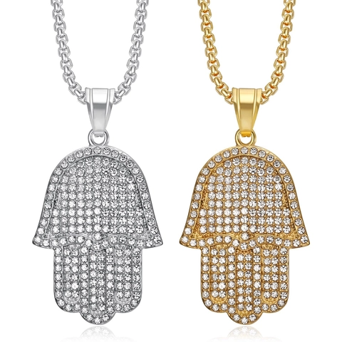 Hamsa Hand Anhänger Kette Strass Edelstahl Fatima Hand Hip Hop Schmuck Herren Damen