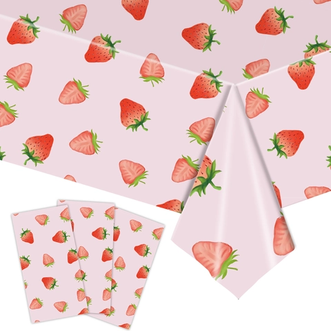 Vaisselle De Fête Thème Fraise Rose Nappe En Plastique Jetable Assiettes En Papier Gobelets Serviettes Pour Fête Filles