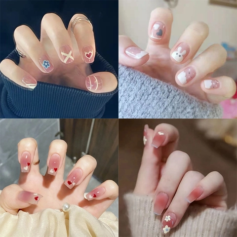 Faux Ongles À Presser Dégradé French Tip Longue Forme Cercueil Avec Motifs Cœur Fleur Strass Pour Femmes