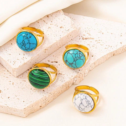 Vintage Bohème 304 Edelstahl Verstellbarer Offener Ring Für Damen Herren Geometrischer Runder Künstlicher Türkis Stein