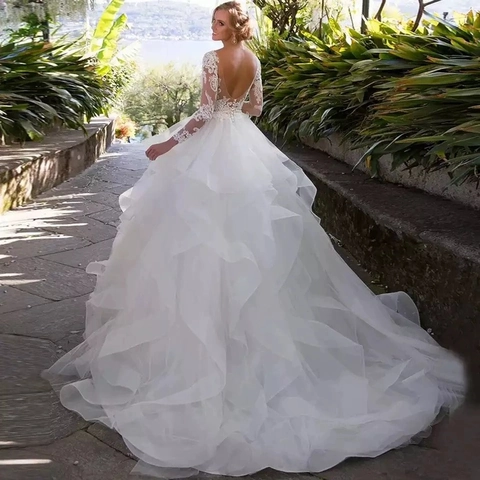 Vestido De Novia Elegante De Encaje De Manga Larga Escote En V Profundo Tul Vestido De Novia Con Cola Vestidos De Novia