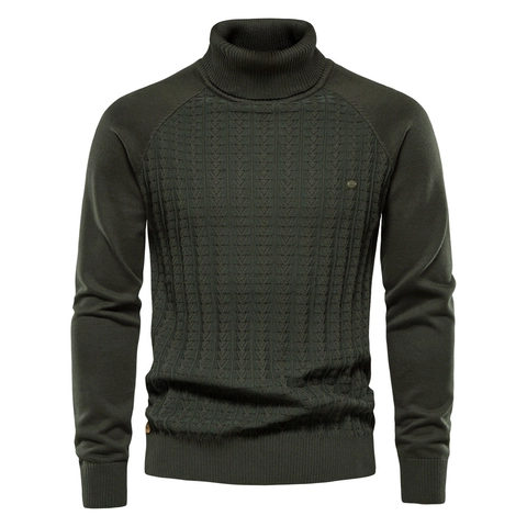 Men Turtleneck Pullover Sweater Cotton Blend Solid Color Long Sleeve Cable Knit Business Casual Winter Knitwear Top