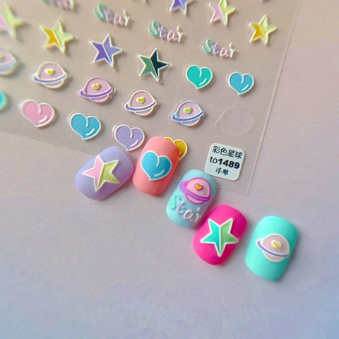 5D Embossed Nail Art Stickers Planet Star Heart Smiley Face Macaron Sweet Y2K 3D Relief Decals Adhesive For Women