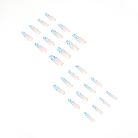 Extra Lange Sargform Künstliche Nägel Blau Weiß Wasserwellen Matt Ballerina Drucknägel Für Damen