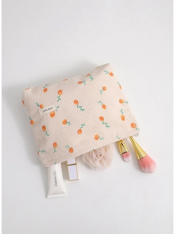 Borsa Cosmetica In Velluto A Coste Floreale A Righe Astratte Grande Capacità Pochette Trucco Portatile Organizzatore Fodera In Tela