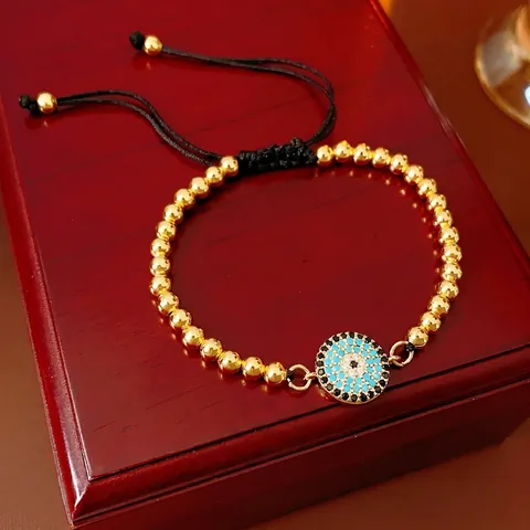 Evil Eye Bracelet Copper Gold Plated Beads Cubic Zirconia Adjustable Black Rope Ethnic Vintage Jewelry For Women