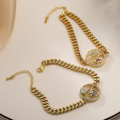 Cuban Link Bracelet Gold Plated Copper Colorful Cubic Zirconia Hollow Circular Boy Girl Pendant Fashion Jewelry For Women
