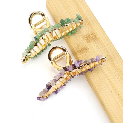Vintage Gold Alloy Hair Claw Clip With Natural Crystal Gravel Stone Decoration Elegant Handmade Hair Accessory For Women