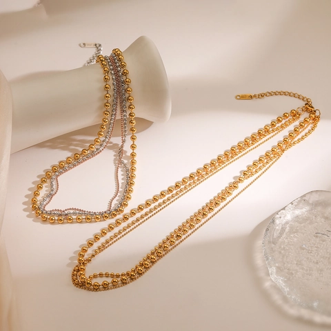 Layered Beaded Necklace For Women Stainless Steel Gold Plated Multi Strand Round Bead Clavicle Chain Minimalist Jewelry