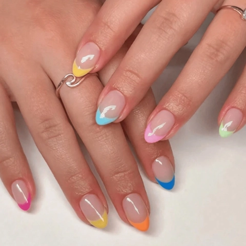 French Tip Press On Nails Almond Shape Macaron Neon Colors Detachable ABS Plastic For Women Sweet Vibrant Style Glossy