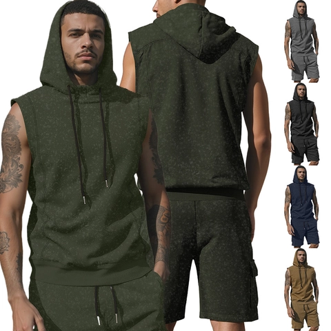 Gilet À Capuche Sans Manches Pour Hommes Et Short Cargo Sport Décontracté Course Été Tricot Mélange Coton Délavé Acide