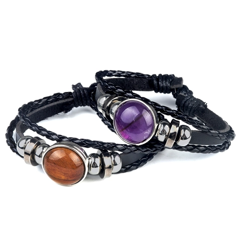 Multi Layer Woven Leather Bracelet Natural Gemstone Crystal Agate Adjustable Retro Ethnic Jewelry For Men Women