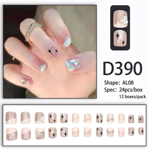 Press On Nails Short Square Milky White Glitter Gradient With Rhinestones And Stars Heart Decor For Women Elegant Style