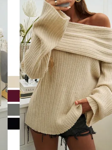 Dames Trui Met Blote Schouders Gebreid Uitlopende Mouwen Geribbelde Losse Pullover Acryl Polyamide Polyester Mix Effen Kleur