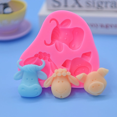 Animal Head Silicone Mold Fondant Chocolate Cake Decorating Cow Sheep Pig DIY Baking Tool Pink Flexible