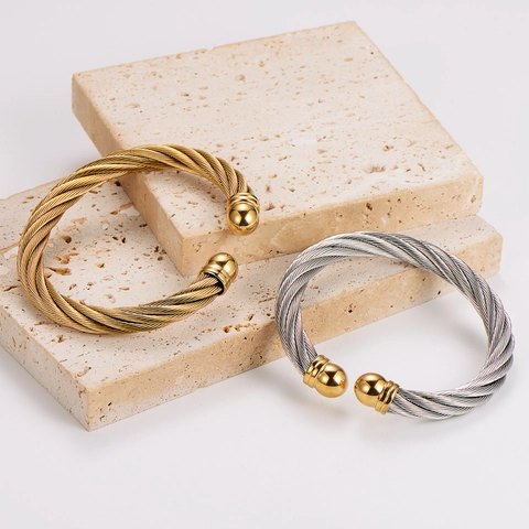 Twisted Cable Cuff Bracelet Stainless Steel Open Bangle Round Ball End Minimalist Geometric Fashion Accessory