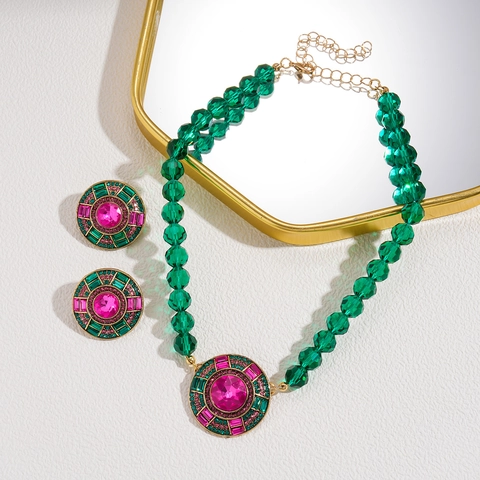 Vintage Geometric Round Pendant Necklace And Rhinestone Earrings With Silver Earring Post And Crystal Beads For Women Retro