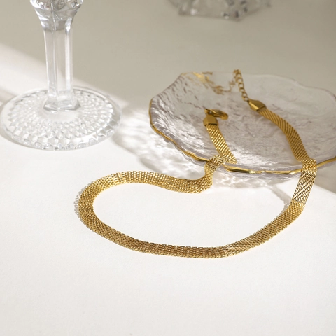 18K Gold Plated Stainless Steel Bold Mesh Chain Necklace For Women Minimalist Flat Grid Weave Choker Fashion Jewelry