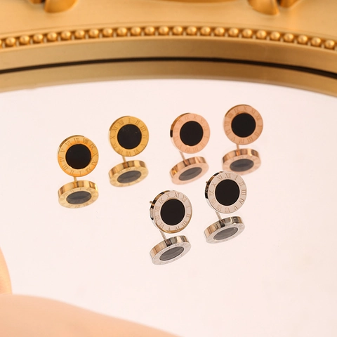 Round Stud Earrings Stainless Steel Roman Numeral Black Enamel Geometric Fashion Jewelry For Women