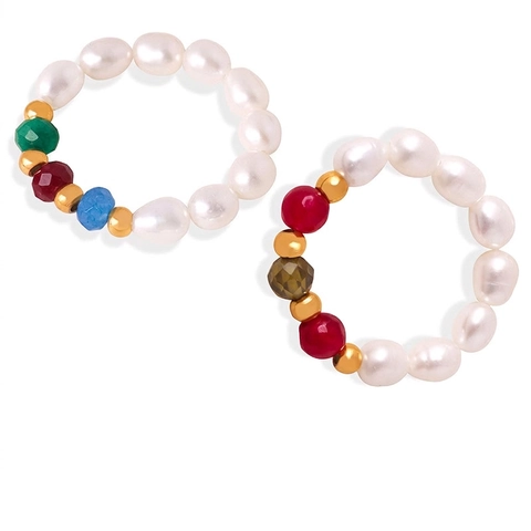 Handmade Freshwater Pearl Agate Beaded Ring Titanium Steel Gold Elastic Fashion Jewelry Gift For Women
