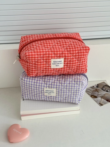 Neceser de Maquillaje Acolchado Cuadros Gran Capacidad Bolsa de Aseo Viaje Portátil Algodón Organizador Para Mujer
