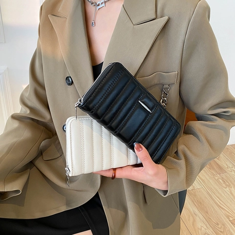 Women Long Wallet Quilted PU Leather Clutch Bag Zipper Closure Multi Card Slots Purse Phone Pouch Elegant Fashion