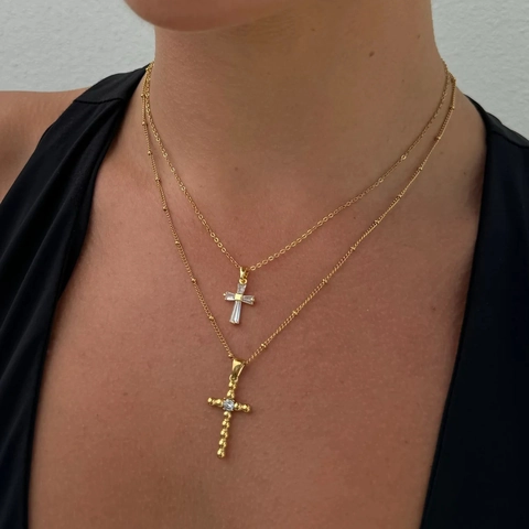 Collana Con Pendente A Croce In Acciaio Inossidabile Placcato Oro 18K Zircone Baguette Gioielli Per Donna
