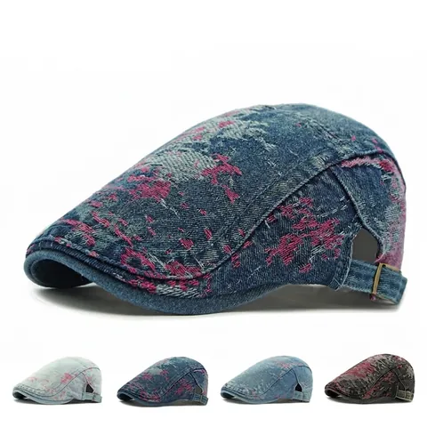 Washed Denim Cotton Ivy Cap Vintage Distressed Flat Cap For Men Women Jacquard Pink Splatter Adjustable Metal Buckle