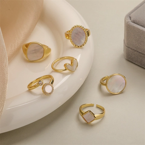 Adjustable Open Ring For Women In Copper With Mother Of Artificial Pearl Inlay Micro Pave Zircon Geometric Heart Elegant Jewelry