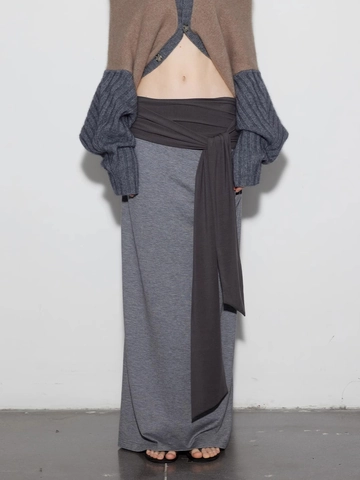 Jupe Longue En Maille Pour Femmes Mélange De Laine Contrastée Patchwork Taille Haute À Lacets Fente Latérale Rétro