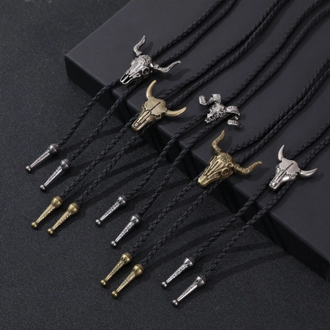 Vintage Western Cowboy Bolo Tie Alloy Bull Skull PU Leather Braided Rope Necklace Retro Accessory For Men