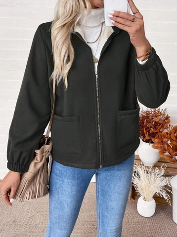Chaqueta De Mujer Con Cremallera Lana Sintética Forro Polar Cuello Solapa Manga Larga Casual Con Bolsillos Color Sólido