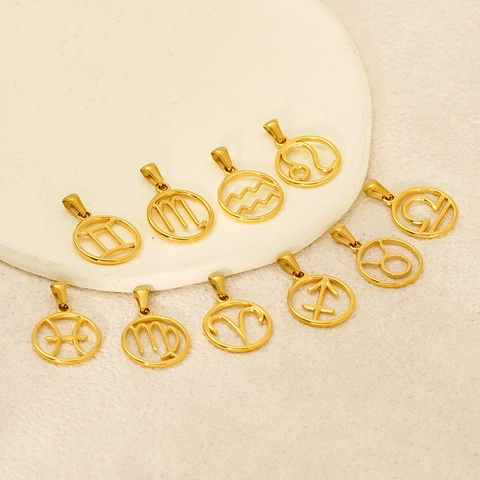 Ciondolo Segno Zodiacale Placcato Oro 18K Acciaio Inossidabile 304 Costellazione Charm Rotondo Collana Per Uomini Donne Gioielli Minimalisti