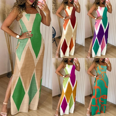 Sleeveless Geometric Print Maxi Dress Polyester Contrast Color Square Neck Side Slit Summer Slim Fit Vacation Women