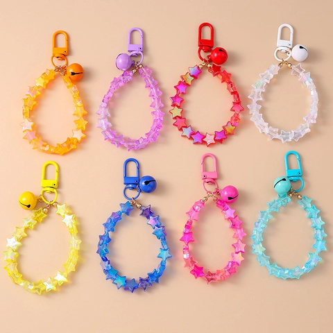 Iridescent Star Beaded Keychain With Metal Bell And Hook Colorful Acrylic Pentagram Pendant Hand Strap Ornament