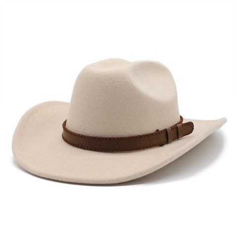Western Cowboy Hat Wool Felt Wide Brim Vintage Fedora Jazz Cap With Leather Belt Buckle For Men Women Outdoor