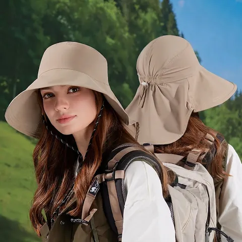 Damen Sonnenhut Mit Breiter Krempe Atmungsaktives Polyester UV-Schutz Nackenschutz Verstellbares Winddichtes Seil Outdoor Wandern