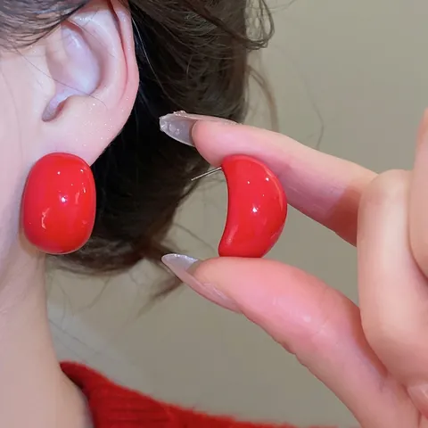Pendientes De Gota De Agua De Acrílico Rojo Brillante Con Poste De Plata Estilo Minimalista Retro Para Mujer