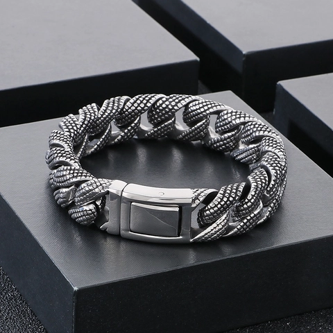 Mens Retro Punk Cuban Link Bracelet Stainless Steel Textured Scale Pattern Metal Chain Hip Hop Jewelry Heavy Chunky